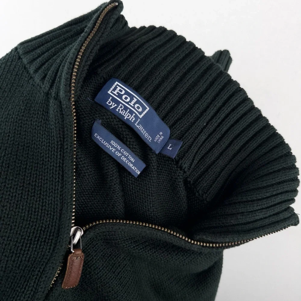 90's Vtg Polo Ralph Lauren Heavy Knit Zip Sweater Jacket Men's L Hunter Green